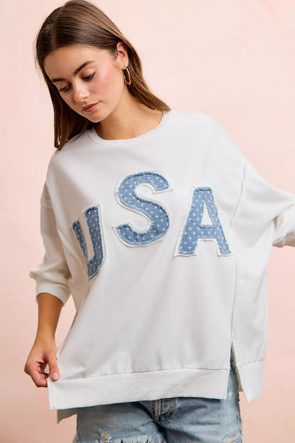 bibi july usa Bibi 4th of July USA Letter Patchwork French Terry Top view 4 (top) - shop at us.meeeshop