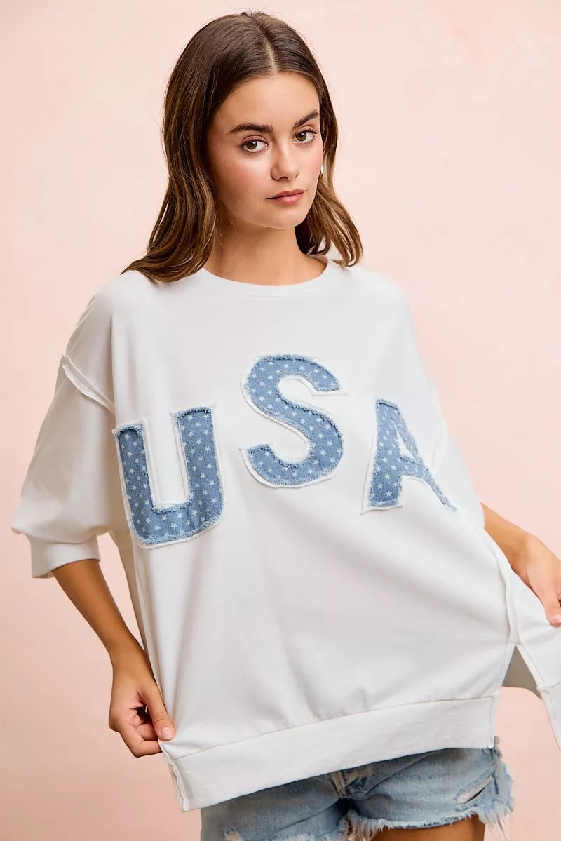 bibi july usa Bibi 4th of July USA Letter Patchwork French Terry Top view 5 (top) - shop at us.meeeshop