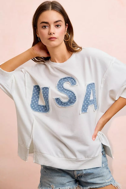 bibi july usa Bibi 4th of July USA Letter Patchwork French Terry Top view 6 (top) - shop at us.meeeshop