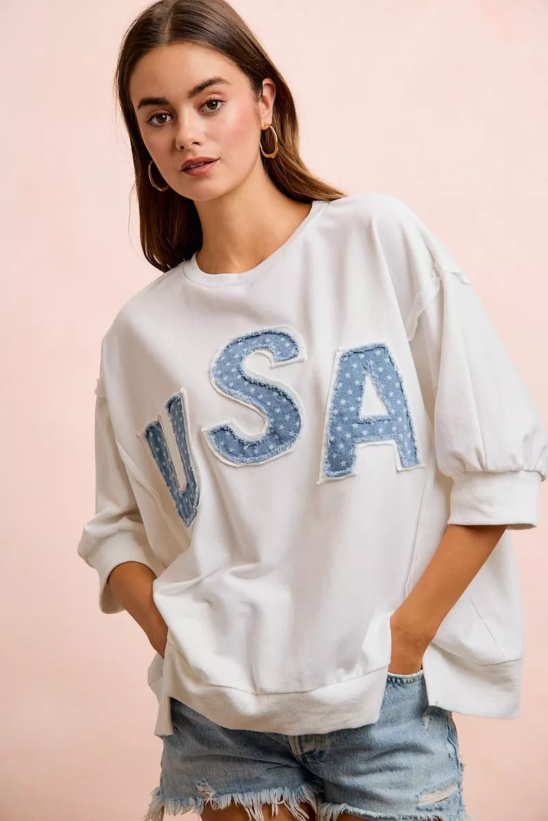 bibi july usa Bibi 4th of July USA Letter Patchwork French Terry Top view 7 (top) - shop at us.meeeshop