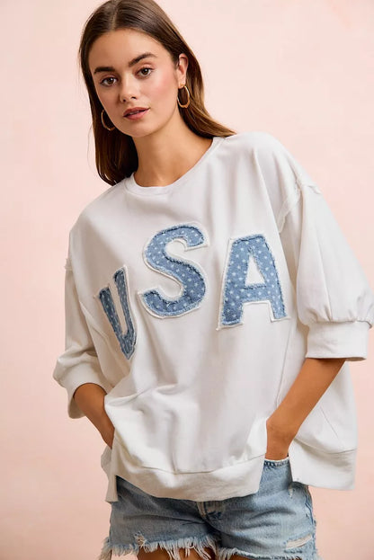 bibi july usa Bibi 4th of July USA Letter Patchwork French Terry Top view 7 (top) - shop at us.meeeshop