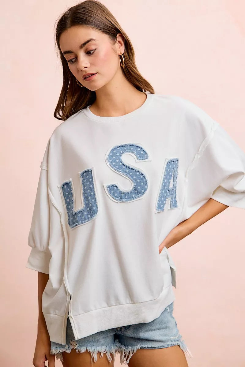 bibi july usa Bibi 4th of July USA Letter Patchwork French Terry Top view 8 (top) - shop at us.meeeshop