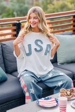 bibi july usa Bibi 4th of July USA Letter Patchwork French Terry Top view 9 (top) - shop at us.meeeshop