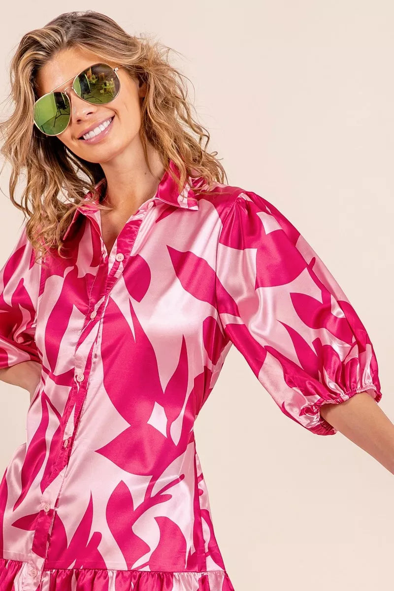 bibi leaf pattern Bibi Leaf Pattern Collared Satin Dress view 5 (dress) - shop at us.meeeshop