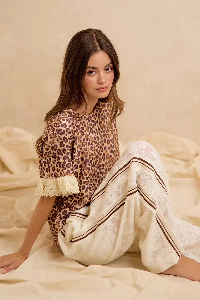 Bibi Leopard and Eyelet Lace Ruffled Top and Shorts Set view 10 (top) - bibi leopard shirt, bibi leopar - shop at us.meeeshop