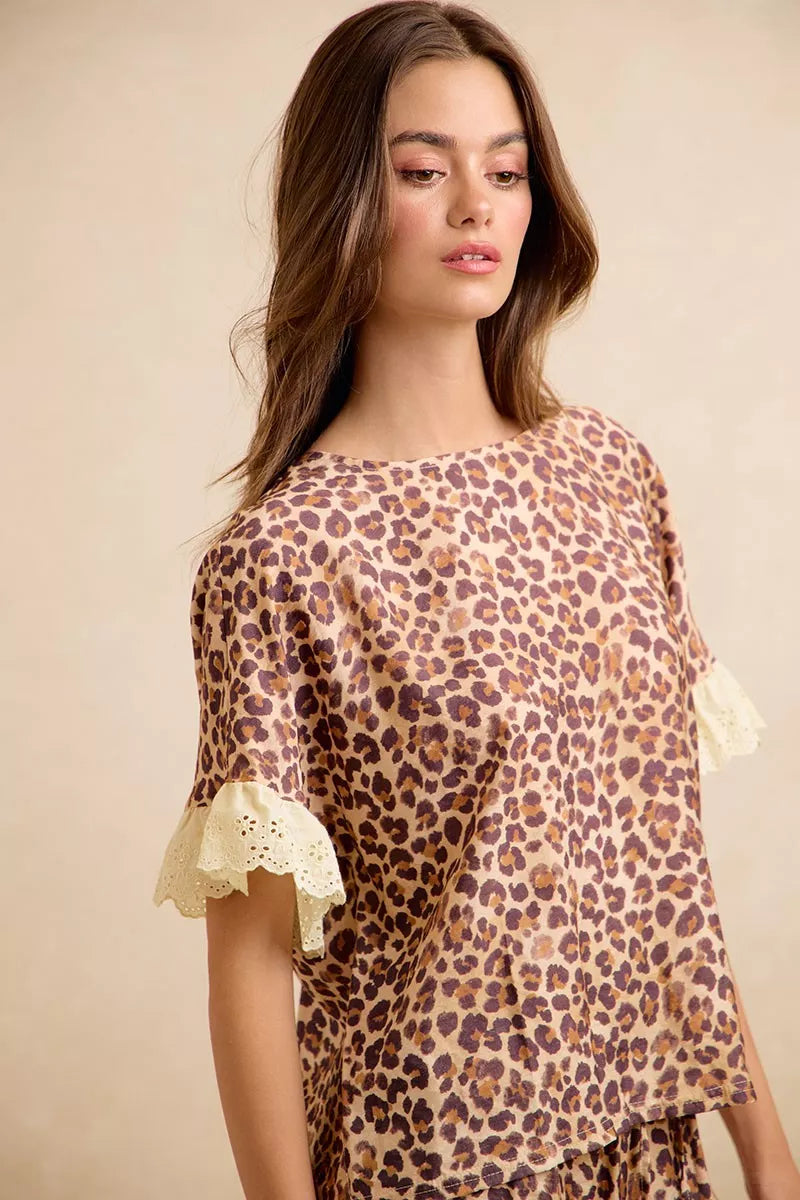 Bibi Leopard and Eyelet Lace Ruffled Top and Shorts Set view 14 (top) - bibi leopard shirt, bibi leopar - shop at us.meeeshop
