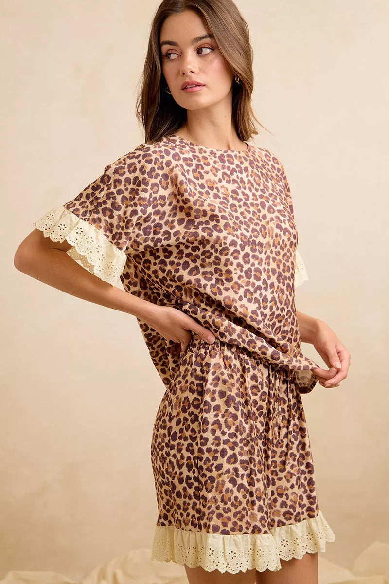 Bibi Leopard and Eyelet Lace Ruffled Top and Shorts Set view 15 (top) - bibi leopard shirt, bibi leopar - shop at us.meeeshop