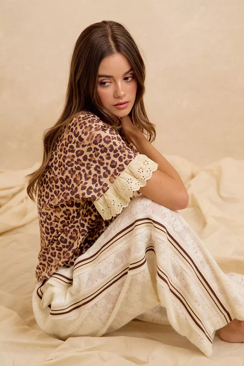 Bibi Leopard and Eyelet Lace Ruffled Top and Shorts Set view 18 (top) - bibi leopard shirt, bibi leopar - shop at us.meeeshop