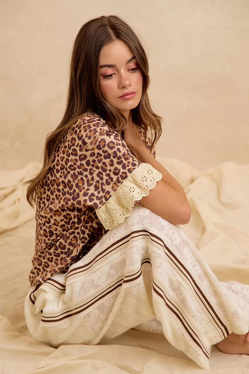 Bibi Leopard and Eyelet Lace Ruffled Top and Shorts Set view 19 (top) - bibi leopard shirt, bibi leopar - shop at us.meeeshop