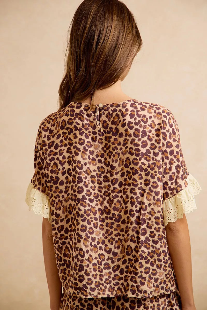 Bibi Leopard and Eyelet Lace Ruffled Top and Shorts Set LEOPARD view 2 (top) - bibi leopard shirt, bibi - shop at us.meeeshop