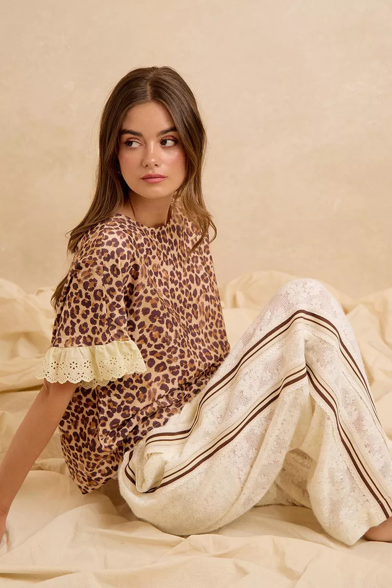 Bibi Leopard and Eyelet Lace Ruffled Top and Shorts Set view 20 (top) - bibi leopard shirt, bibi leopar - shop at us.meeeshop
