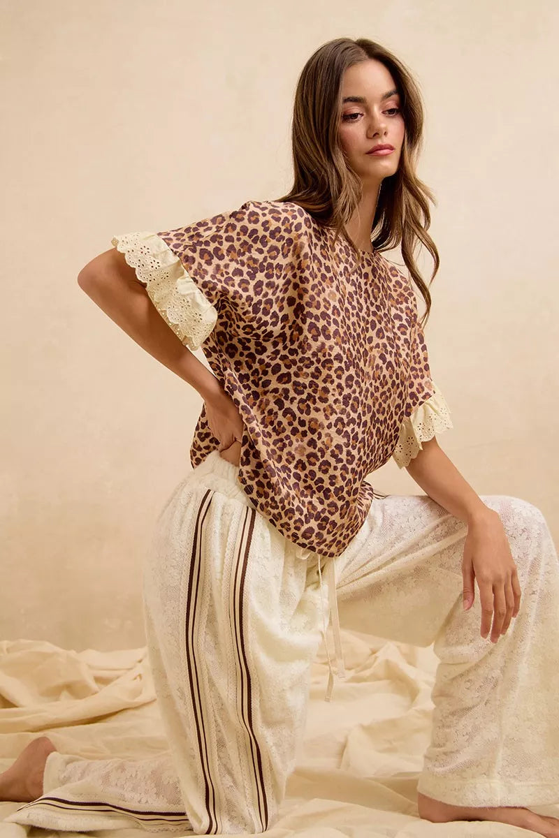Bibi Leopard and Eyelet Lace Ruffled Top and Shorts Set view 21 (top) - bibi leopard shirt, bibi leopar - shop at us.meeeshop