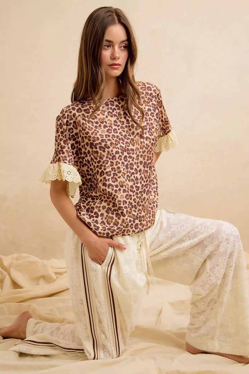 Bibi Leopard and Eyelet Lace Ruffled Top and Shorts Set view 22 (top) - bibi leopard shirt, bibi leopar - shop at us.meeeshop