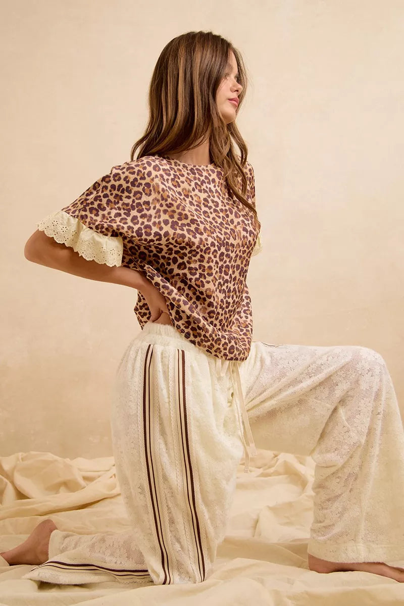 Bibi Leopard and Eyelet Lace Ruffled Top and Shorts Set view 23 (top) - bibi leopard shirt, bibi leopar - shop at us.meeeshop