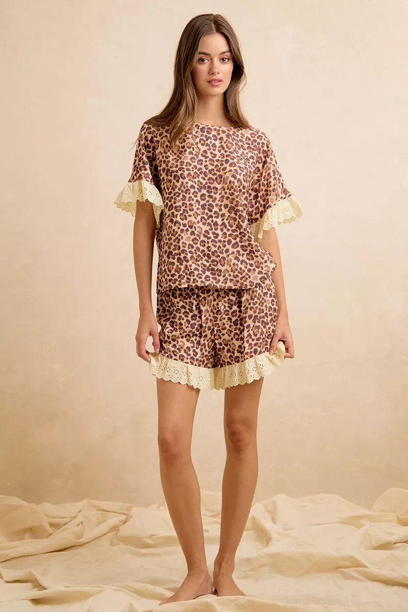 Bibi Leopard and Eyelet Lace Ruffled Top and Shorts Set view 25 (top) - bibi leopard shirt, bibi leopar - shop at us.meeeshop