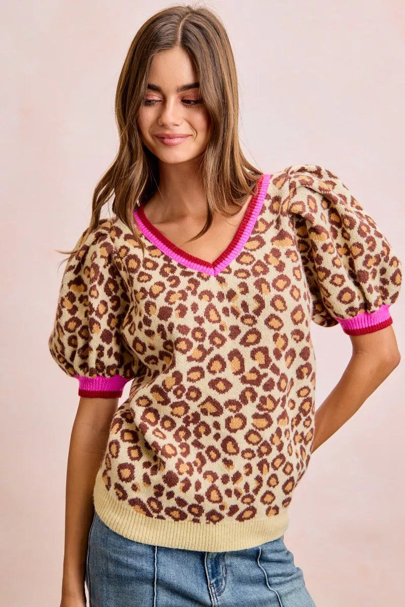 Bibi Leopard Pattern Puff Sleeve V-neck Sweater Top Leopard view 3 (top) - bibi leopard cardigan, bibi  - shop at us.meeeshop
