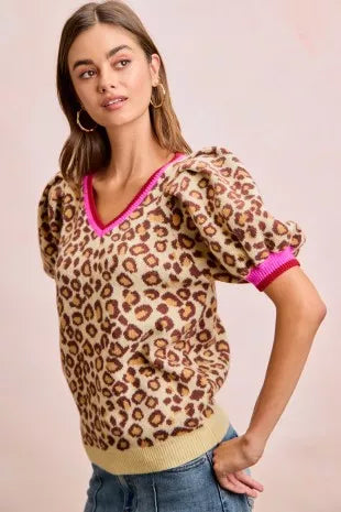 Bibi Leopard Pattern Puff Sleeve V-neck Sweater Top Leopard view 4 (top) - bibi leopard cardigan, bibi  - shop at us.meeeshop