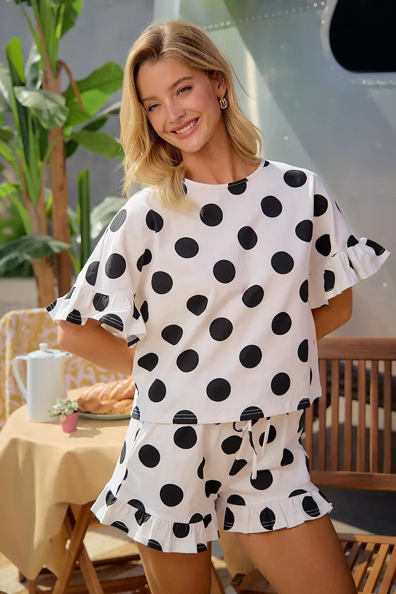 Bibi Polka Dots Printed Ruffled Detail Top and Shorts Set IVORY/BLACK (top) - polka bibi, polka topic,  - shop at us.meeeshop
