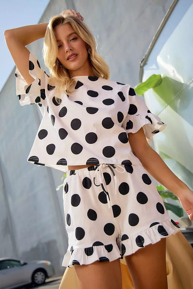 Bibi Polka Dots Printed Ruffled Detail Top and Shorts Set IVORY/BLACK view 3 (top) - polka bibi, polka  - shop at us.meeeshop