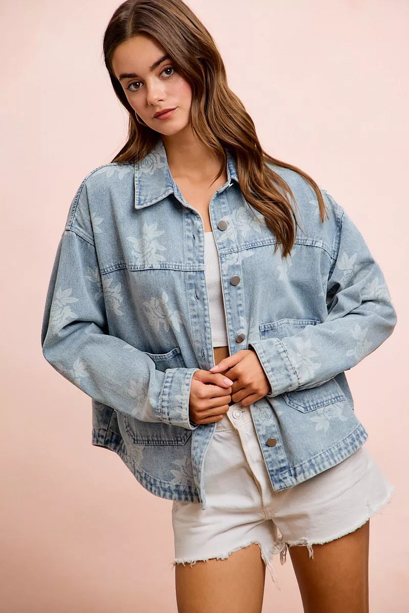 Bibi Printed Washed Denim Jacket with Pocket view 10 (layer) - pocket jacket, denim pocket jacket - shop at us.meeeshop