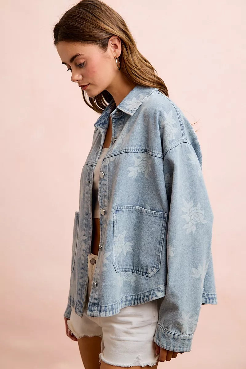 Bibi Printed Washed Denim Jacket with Pocket view 11 (layer) - pocket jacket, denim pocket jacket - shop at us.meeeshop