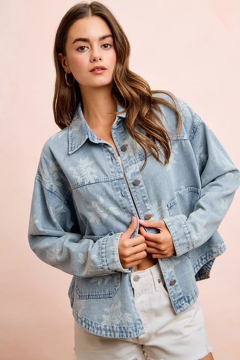 Bibi Printed Washed Denim Jacket with Pocket view 12 (layer) - pocket jacket, denim pocket jacket - shop at us.meeeshop