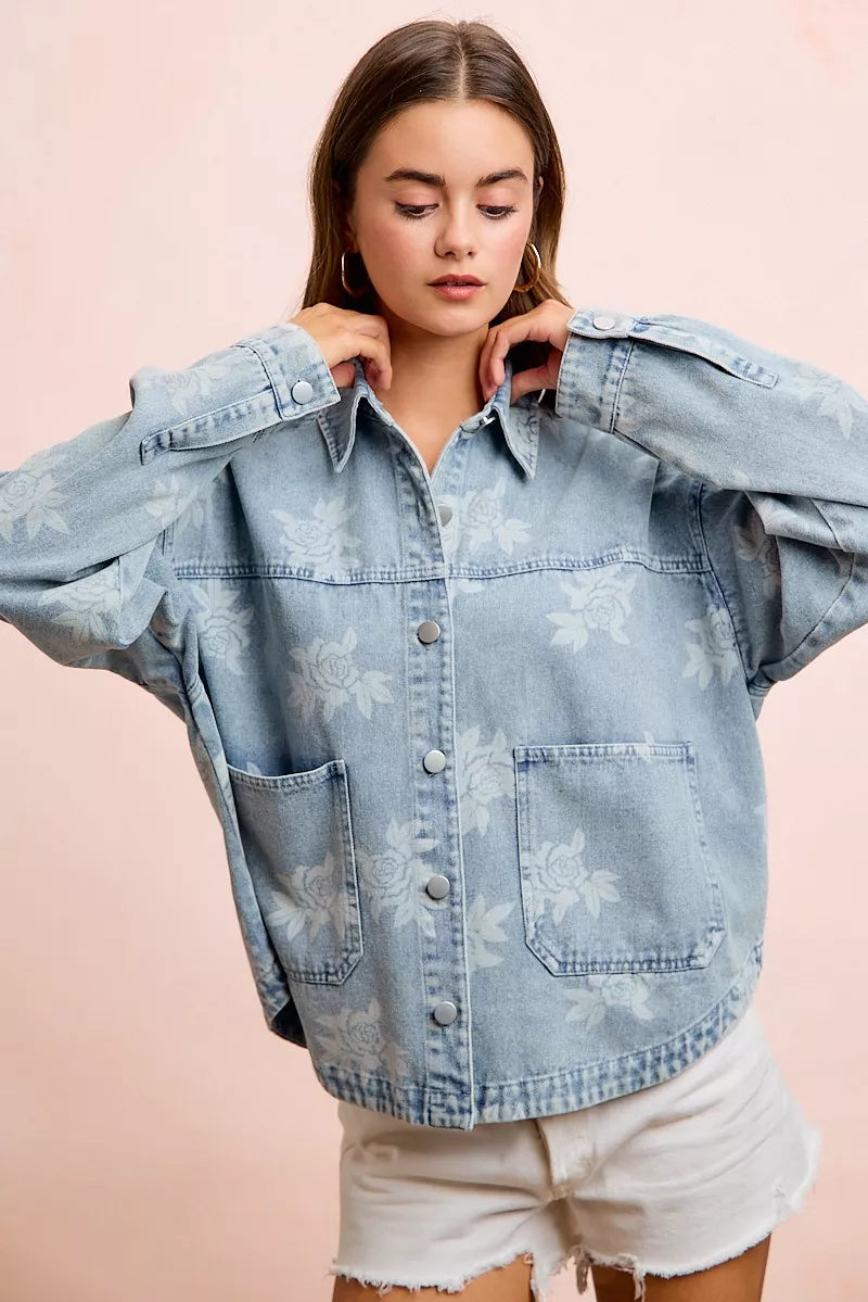 Bibi Printed Washed Denim Jacket with Pocket view 14 (layer) - pocket jacket, denim pocket jacket - shop at us.meeeshop