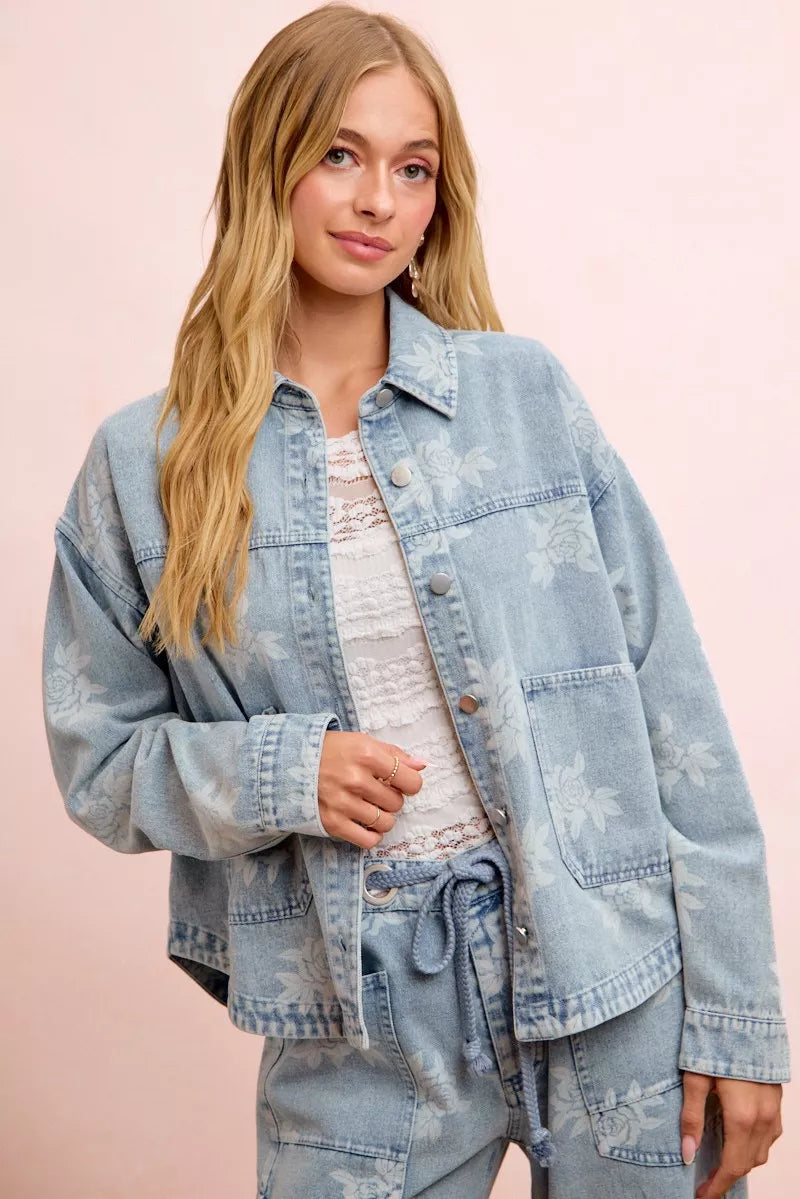Bibi Printed Washed Denim Jacket with Pocket DENIM view 4 (layer) - pocket jacket, denim pocket jacket - shop at us.meeeshop