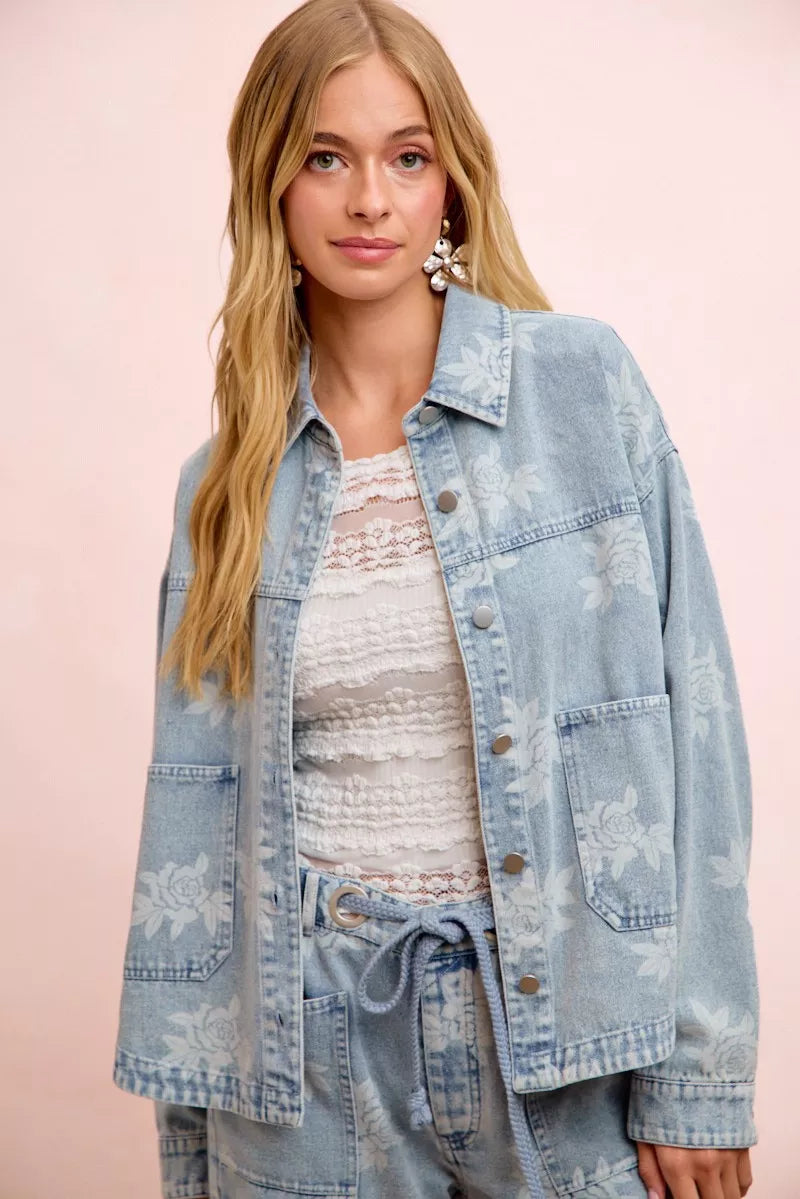 Bibi Printed Washed Denim Jacket with Pocket view 5 (layer) - pocket jacket, denim pocket jacket - shop at us.meeeshop