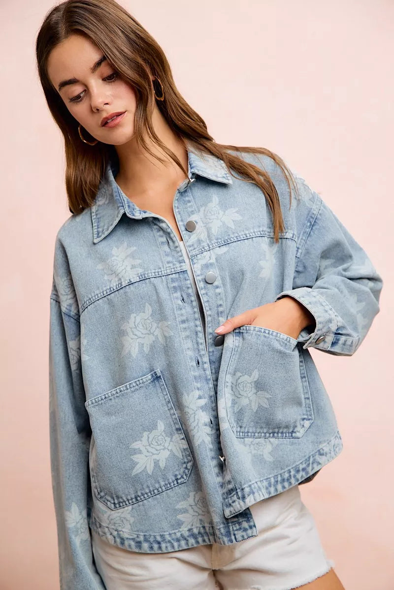 Bibi Printed Washed Denim Jacket with Pocket view 8 (layer) - pocket jacket, denim pocket jacket - shop at us.meeeshop