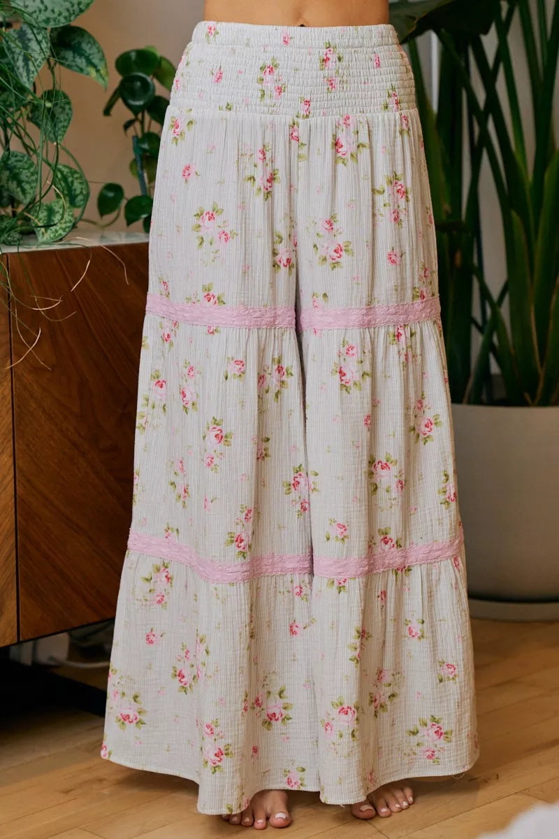 Bibi Rose Printed Gauze Trim Detail Smocked Maxi Pants TAUPE/BLUSH (dress) - bibi pants, bibi rose, bib - shop at us.meeeshop