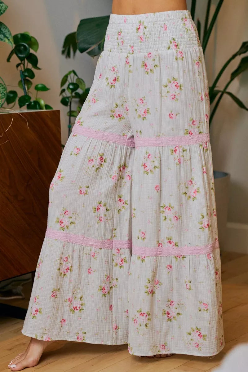 Bibi Rose Printed Gauze Trim Detail Smocked Maxi Pants TAUPE/BLUSH view 2 (dress) - bibi pants, bibi ro - shop at us.meeeshop