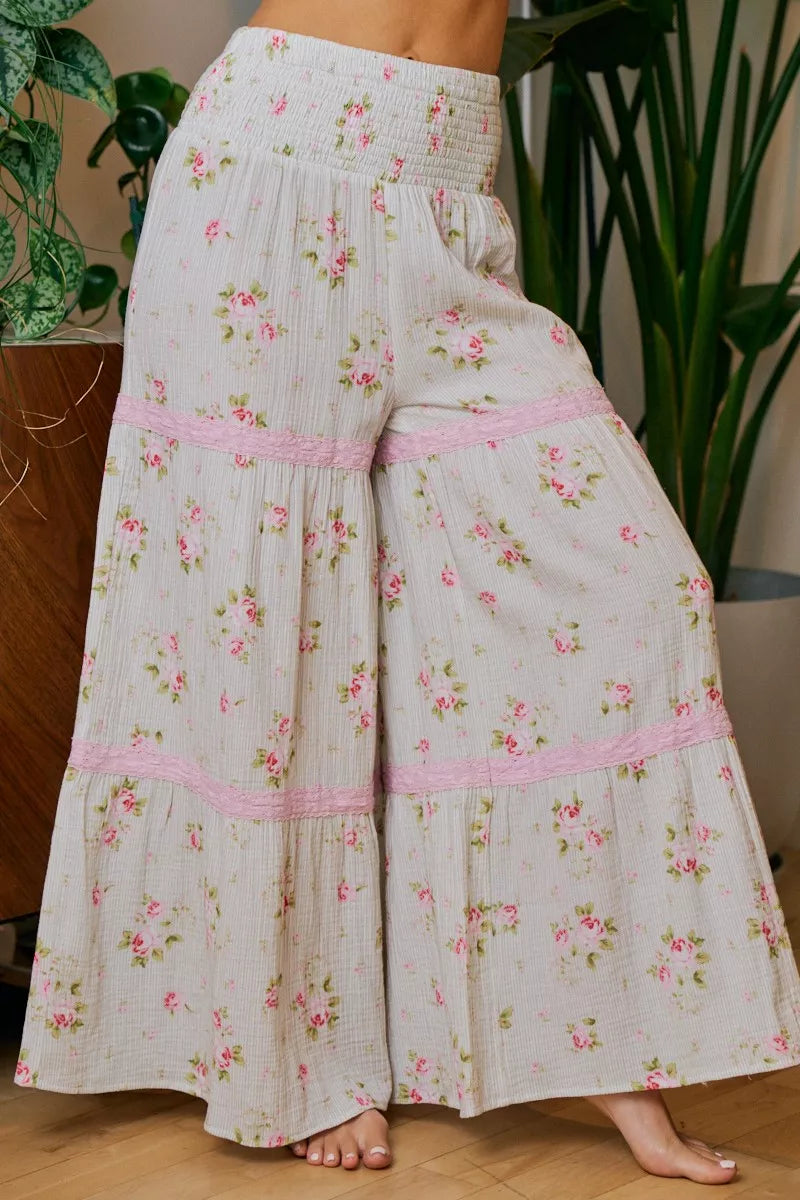 Bibi Rose Printed Gauze Trim Detail Smocked Maxi Pants TAUPE/BLUSH view 3 (dress) - bibi pants, bibi ro - shop at us.meeeshop