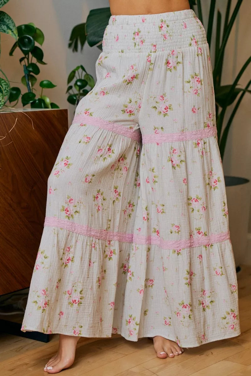Bibi Rose Printed Gauze Trim Detail Smocked Maxi Pants TAUPE/BLUSH view 4 (dress) - bibi pants, bibi ro - shop at us.meeeshop