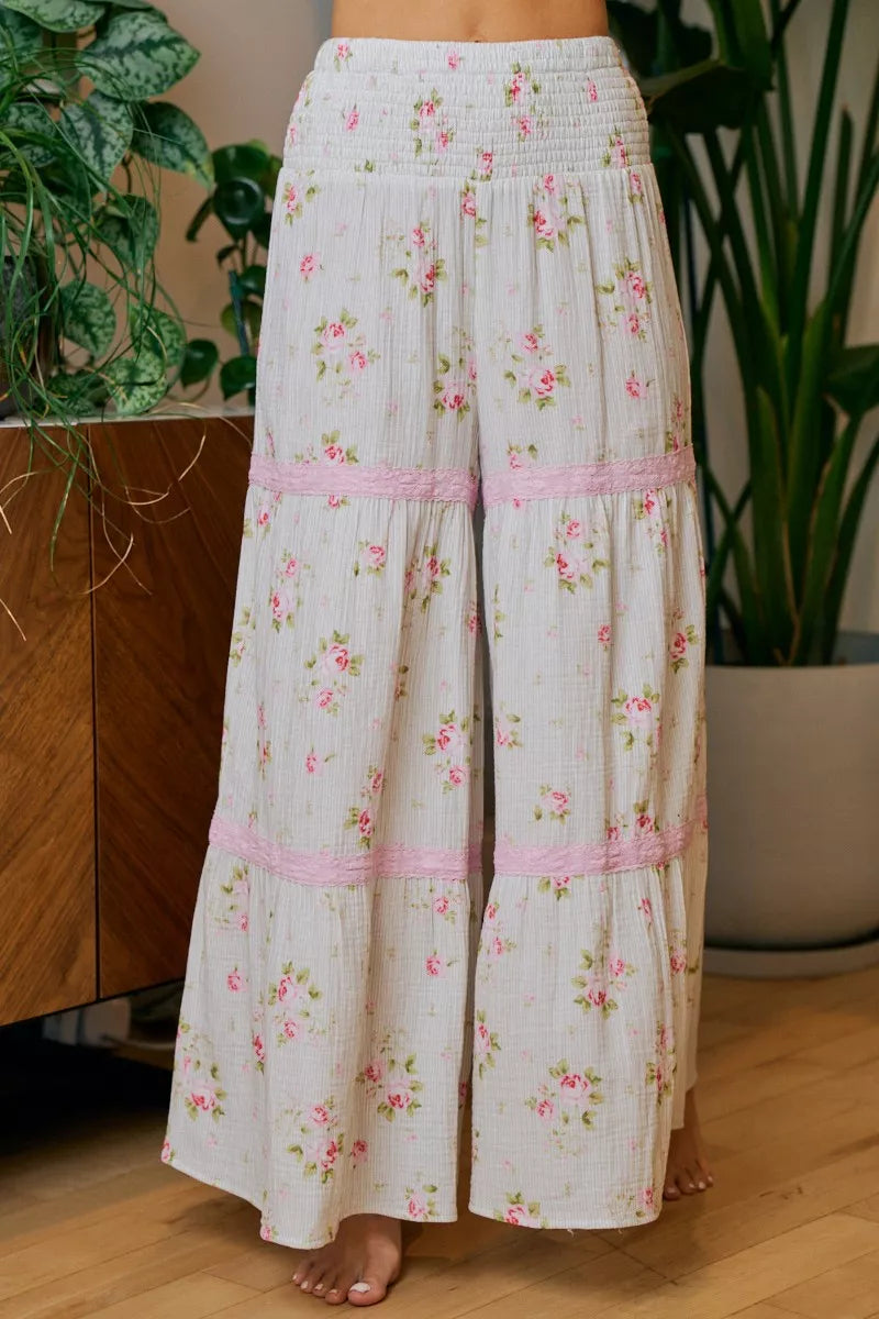 Bibi Rose Printed Gauze Trim Detail Smocked Maxi Pants view 6 (dress) - bibi pants, bibi rose, bibi pin - shop at us.meeeshop