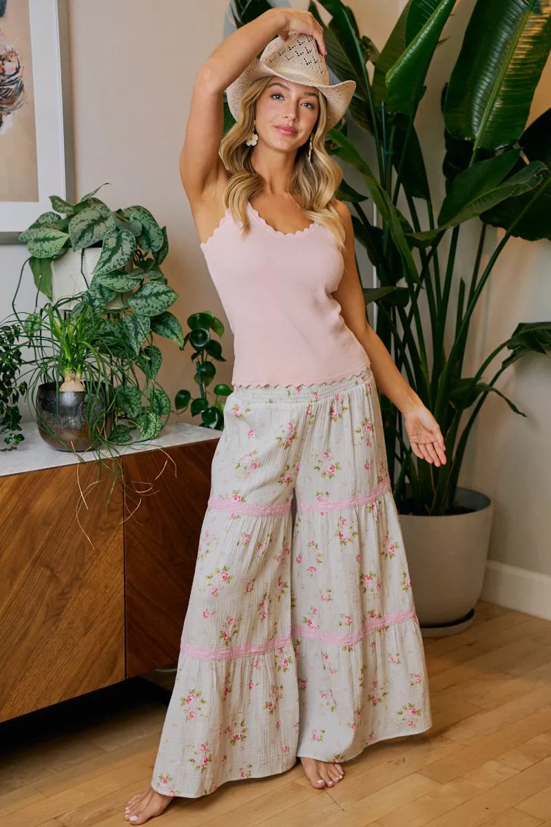 Bibi Rose Printed Gauze Trim Detail Smocked Maxi Pants view 9 (dress) - bibi pants, bibi rose, bibi pin - shop at us.meeeshop
