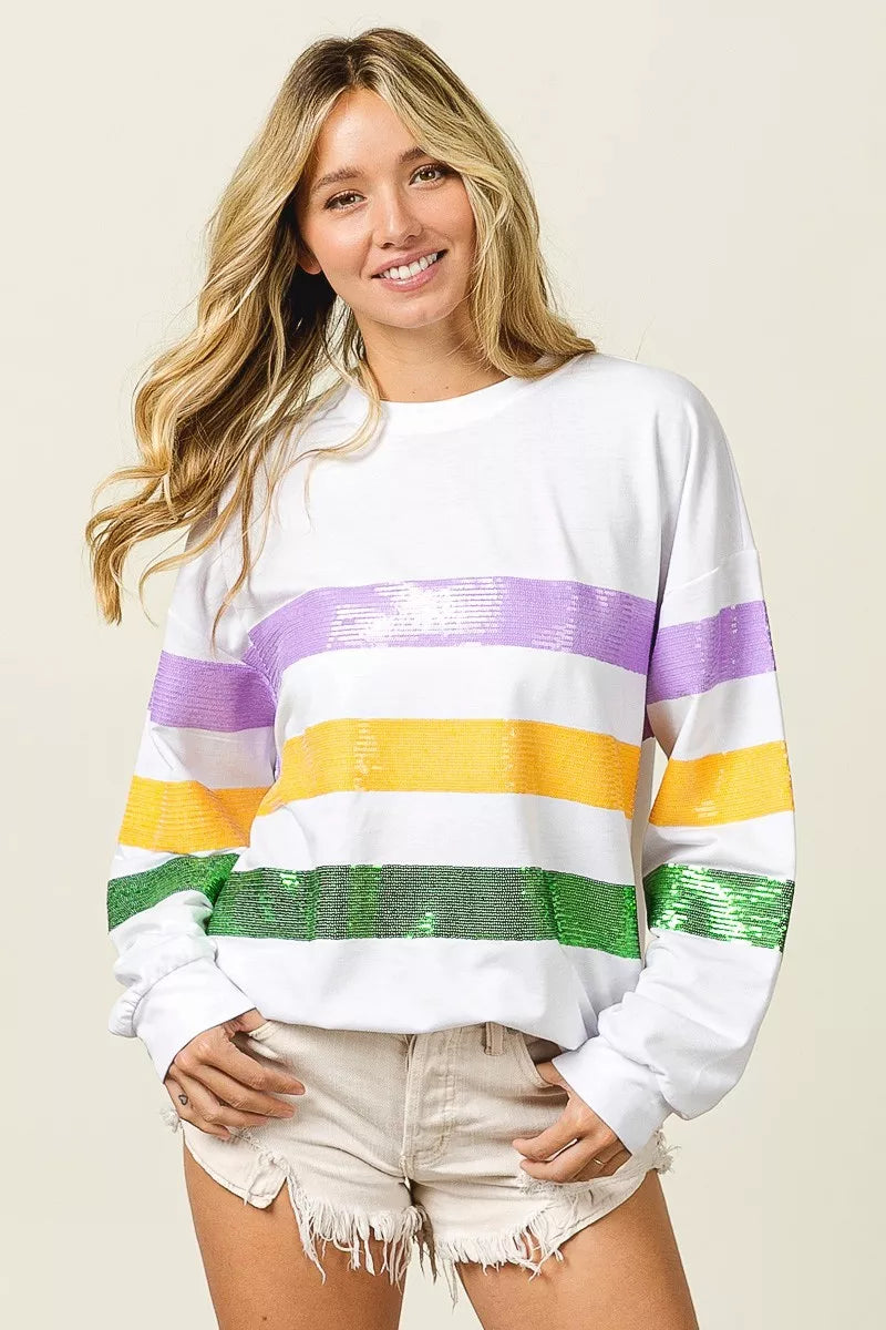 Bibi Sequin Mardi Gras Striped Round Neck Sweatshirt in OFF WHITE - Bibi Sequin Sweater (top)