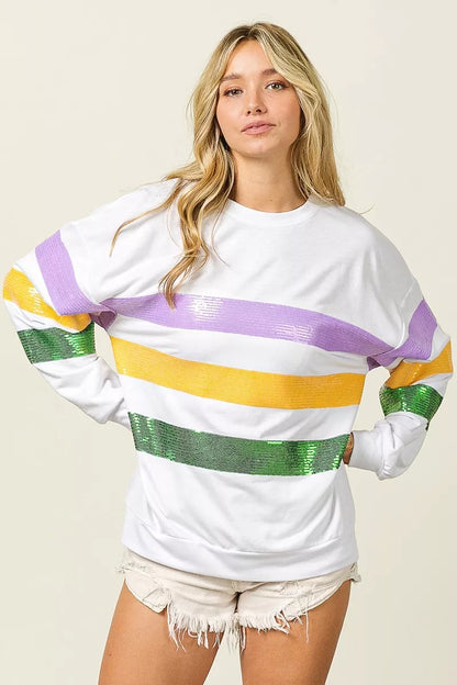 Bibi Sequin Mardi Gras Striped Round Neck Sweatshirt view 11 - Bibi Sequin Sweater (top)