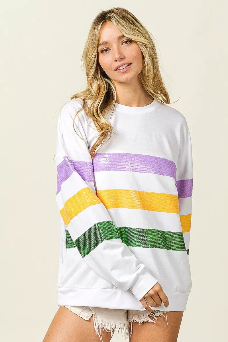 Bibi Sequin Mardi Gras Striped Round Neck Sweatshirt view 12 - Bibi Sequin Sweater (top)