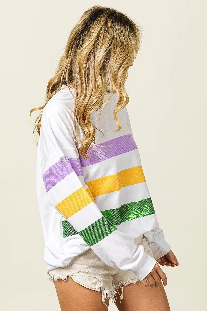 Bibi Sequin Mardi Gras Striped Round Neck Sweatshirt view 13 - Bibi Sequin Sweater (top)