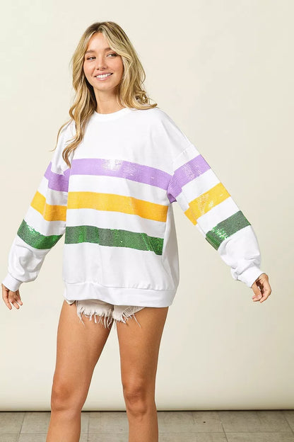 Bibi Sequin Mardi Gras Striped Round Neck Sweatshirt view 14 - Bibi Sequin Sweater (top)