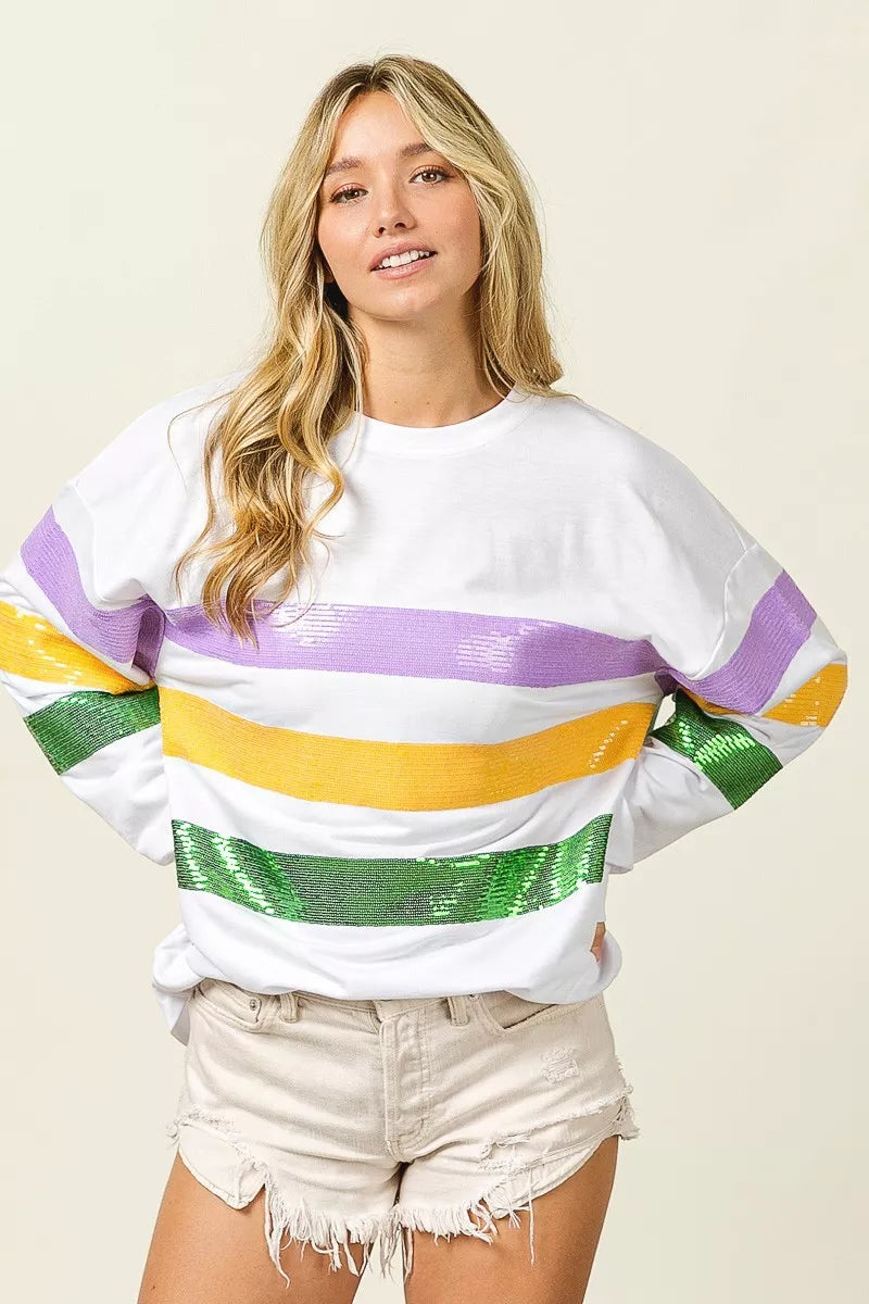 Bibi Sequin Mardi Gras Striped Round Neck Sweatshirt view 15 - Bibi Sequin Sweater (top)