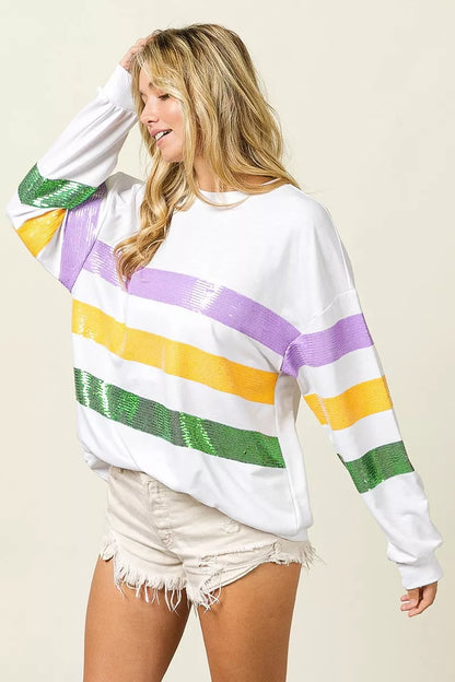 Bibi Sequin Mardi Gras Striped Round Neck Sweatshirt view 16 - Bibi Sequin Sweater (top)