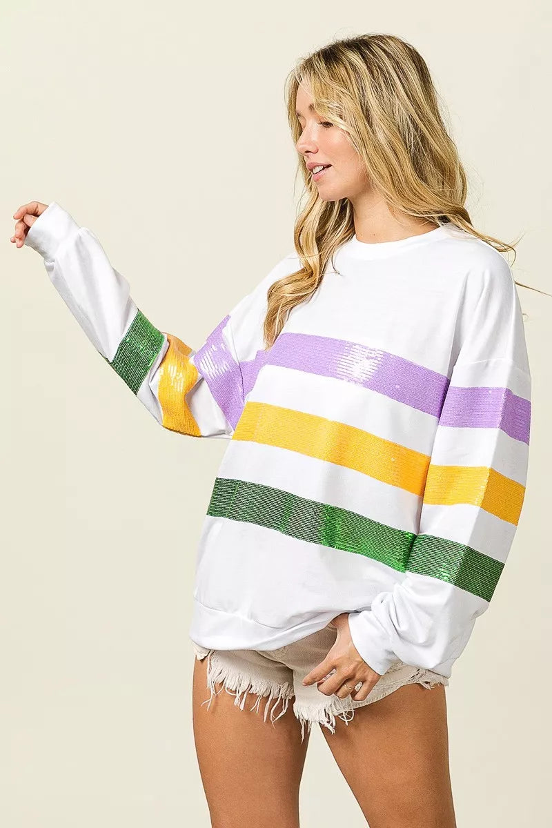 Bibi Sequin Mardi Gras Striped Round Neck Sweatshirt view 17 - Bibi Sequin Sweater (top)