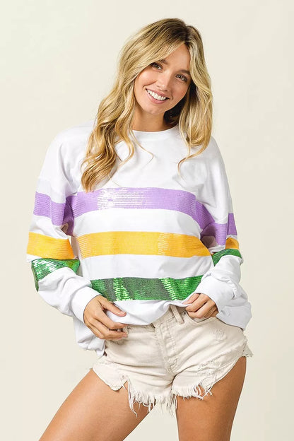 Bibi Sequin Mardi Gras Striped Round Neck Sweatshirt view 18 - Bibi Sequin Sweater (top)