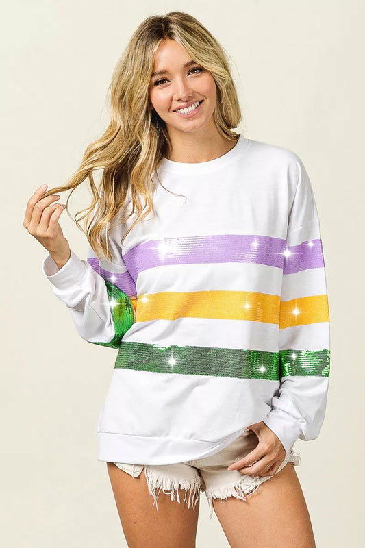 Bibi Sequin Mardi Gras Striped Round Neck Sweatshirt in OFF WHITE view 2 - Bibi Sequin Sweater (top)