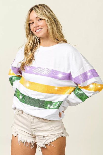 Bibi Sequin Mardi Gras Striped Round Neck Sweatshirt in OFF WHITE view 4 - Bibi Sequin Sweater (top)