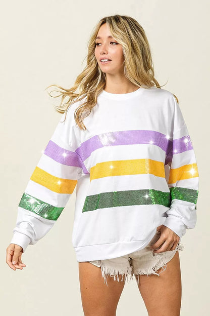 Bibi Sequin Mardi Gras Striped Round Neck Sweatshirt view 5 - Bibi Sequin Sweater (top)