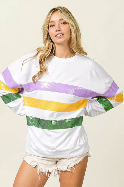 Bibi Sequin Mardi Gras Striped Round Neck Sweatshirt view 6 - Bibi Sequin Sweater (top)