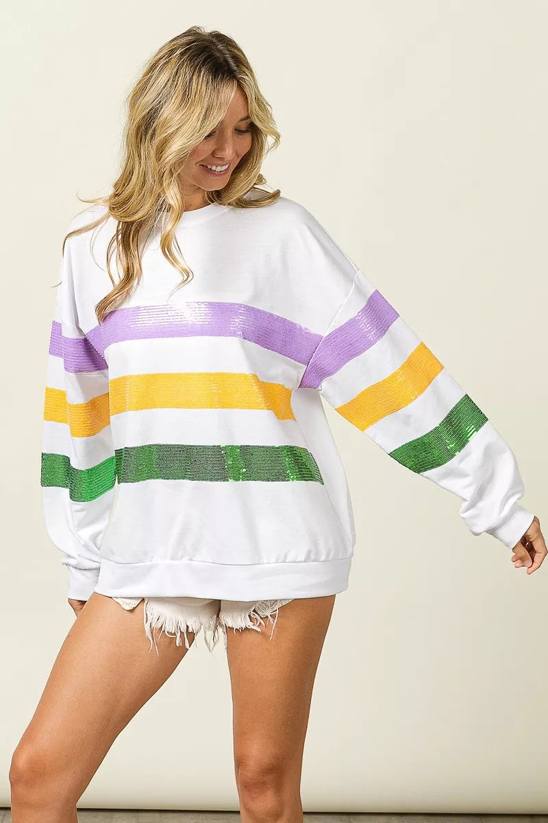 Bibi Sequin Mardi Gras Striped Round Neck Sweatshirt view 7 - Bibi Sequin Sweater (top)